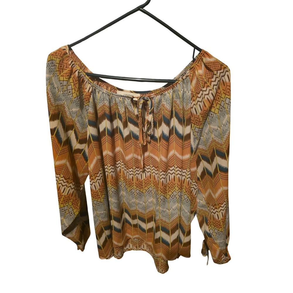 Umgee Geometric Chevron‎ Peasant Blouse Slit Sleeve Boho Top Orange M Oversized